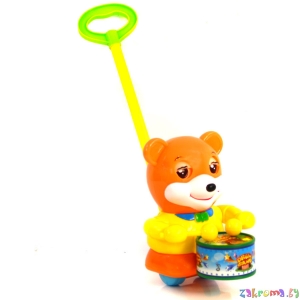 Детская игрушка каталка толкачка с ручкой Мишка с барабаном. Цвет оранжевый. Арт. 1123A/I703-H28010