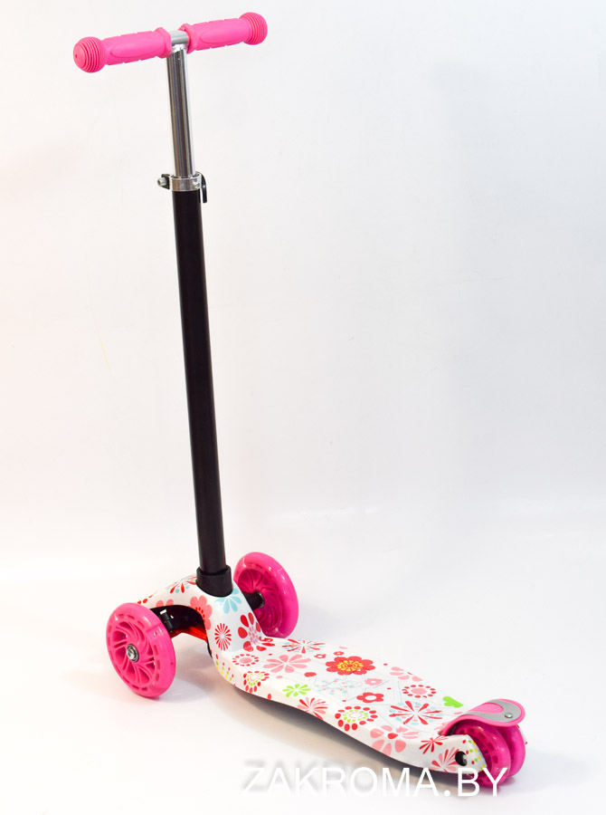 АКЦИЯ! Самокат детский трехколесный scooter maxi принт с большими светящимися колесами. Арт.036Z. Цвет колес розовый Цветы.