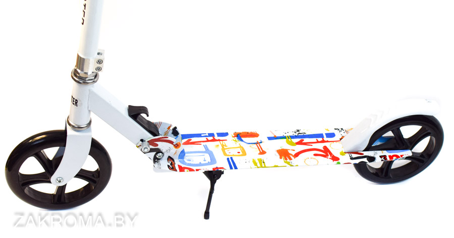 Акция! Двухколесный самокат Scooter принт стальной с подножкой большими колесами резиновыми ручками.  Арт. 8090-4Z. Цвет Абстракция белый.