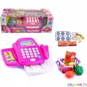 Детская касса с калькулятором, сканером и продуктами. Звуковые и световые эффекты. Цвет фуксия. Арт. 66049