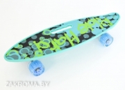 Penny board пенниборд принт скейтборд большой 58*16 см , высокопрочный пластик, колеса PVC светящиеся, крепления алюминиевые, ручка для переноски. Цвет бирюзовый. Арт. 125