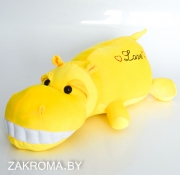 Бегемот мягкая игрушка подушка антистресс, длина 60 см, вышивка LOVE, цвет жёлтый